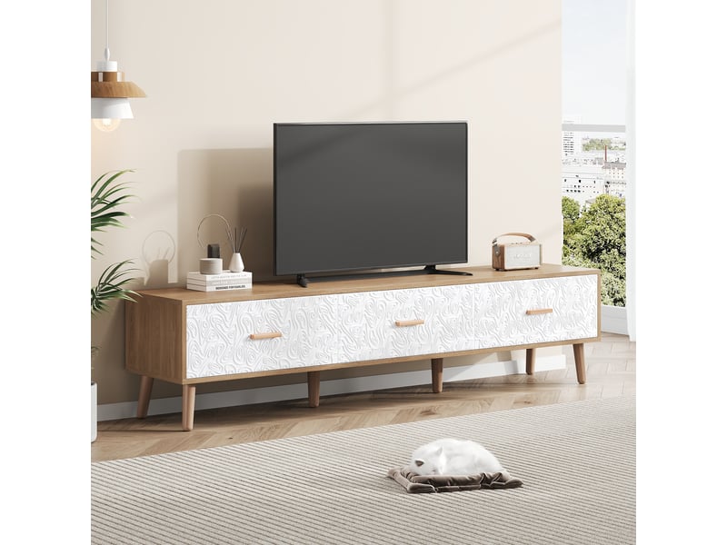 Meuble tv avec 3 tiroirs de rangement pour salon 150×39×35 cm en panneaux de particules blanc et bois clair  - Conforama C