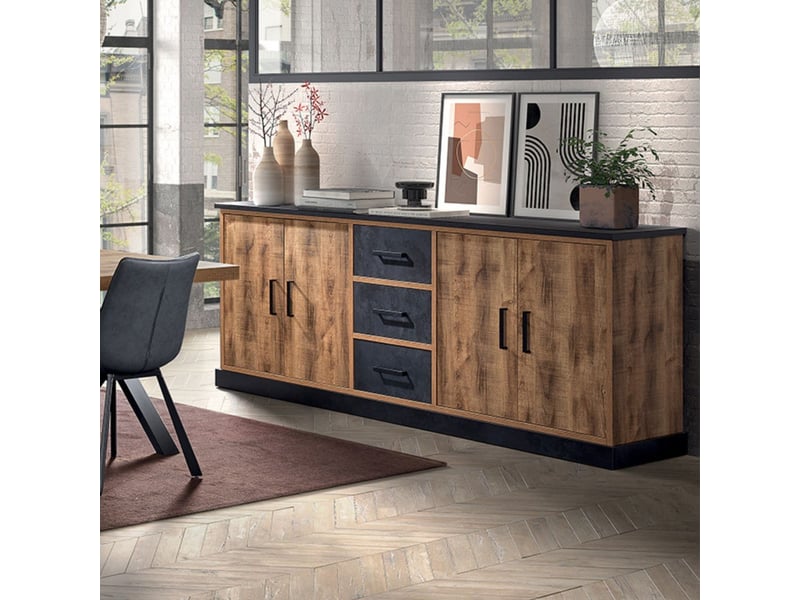  Buffet 4 portes 3 tiroirs aspect chêne artisan et noir graphite - urbal URBAL - Conforama B