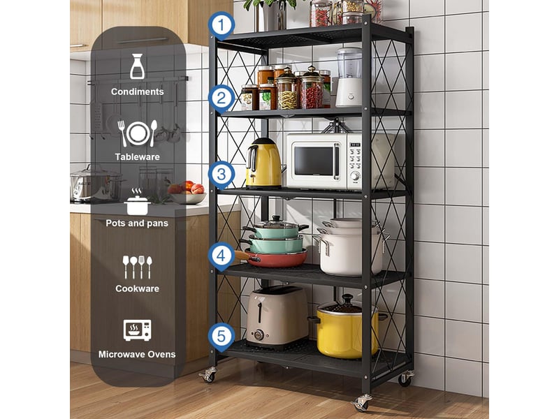  Étagère de rangement pliante 5 niveaux en métal sur roulettes verrouillables– rack filaire mobile– cuisinegarage –  70×35×158 cm PHK_33Q3AMK9 - Conforama C
