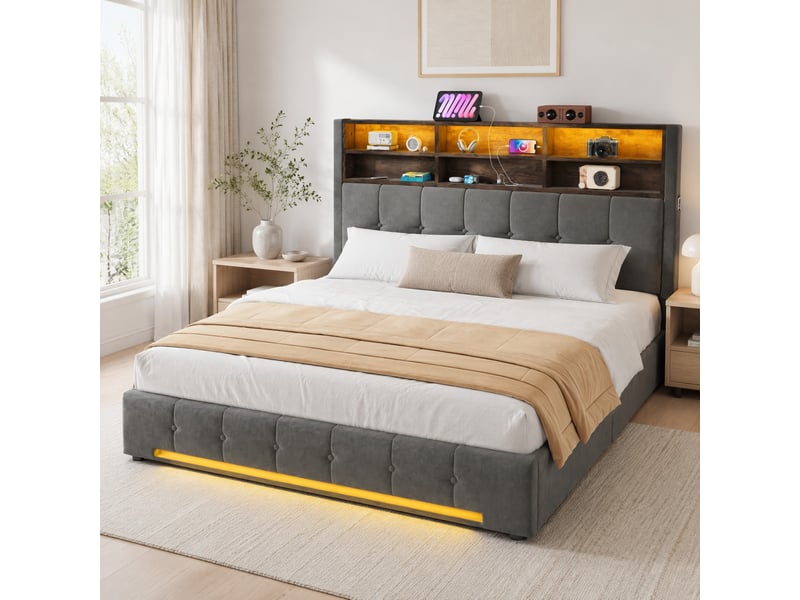  Lit coffre double 180×200 cm avec led réglable, usb-c et 6 niches - okmyhome- velours gris foncé, sans matelas  - Conforama C