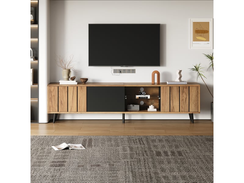  Meuble tv bas en bois naturel et noir, 175 x 31,5 x 45 cm, 3 portes, pour téléviseur jusqu'à 75 pouces  - Conforama B