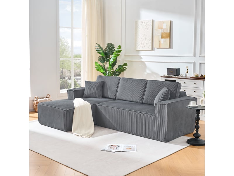  Canapé d'angle modulable en l 2 places 235 x 128 x 60 cm avec chaise longue, confort et doux, velours côtelé, gris  - Conforama D