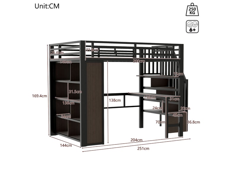  Lit mezzanine 140x200 cm avec bureau, rangements et led coloris noir  - Conforama C