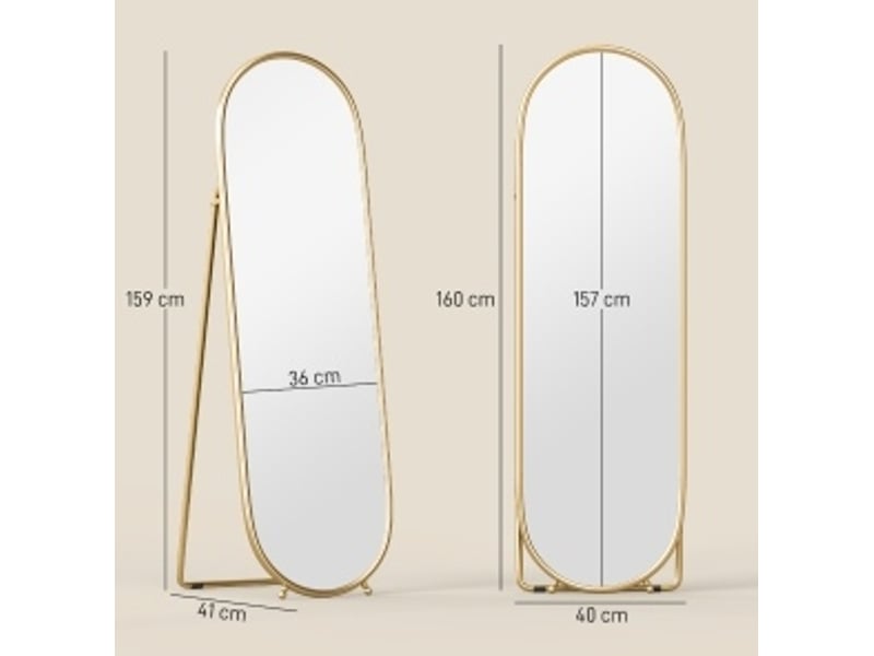  Miroir simple sur pied ovale avec support dépliable, cadre en métal doré, reflet sans distorsion 160 × 40 cm  - Conforama D