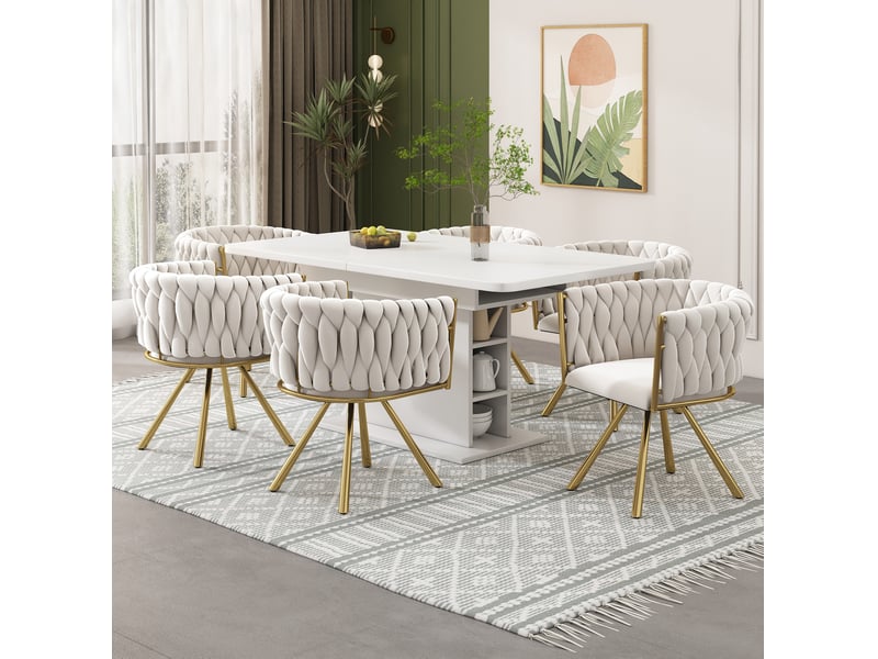  Lot de 6 chaises salle à manger 59x54x72 cm pivotante 360° dossier courbé rembourré piétement acier velours beige doré  - Conforama W