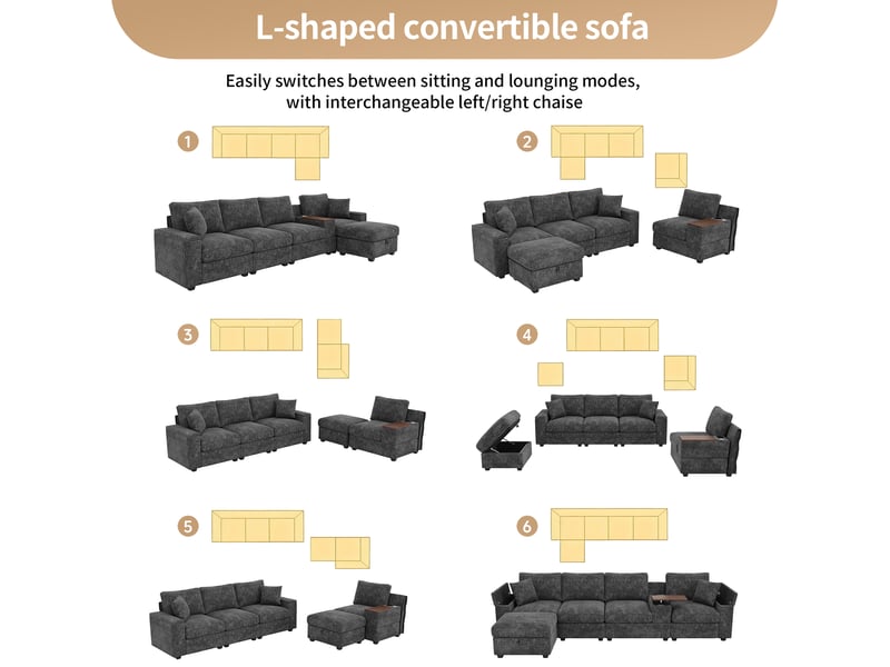  Canapé modulable en l 5 places gris avec pouf et table pivotante  - Conforama D