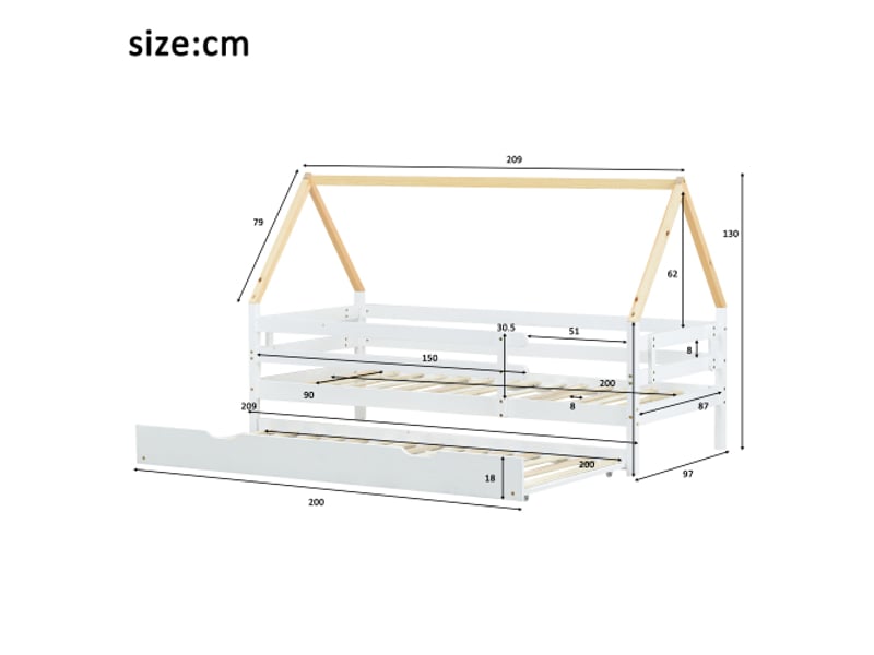  Lit cabane 200 x 90 cm, lit gigogne lit en bois, blanc et naturel  - Conforama D
