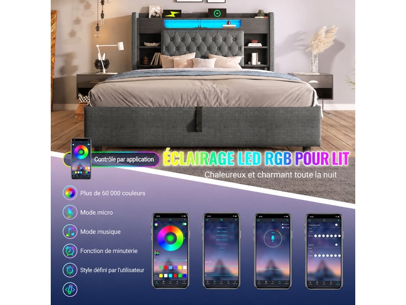 Lit coffre 90x200 gris en lin, led, usb et usb-c, tête de lit avec rangements - Conforama E