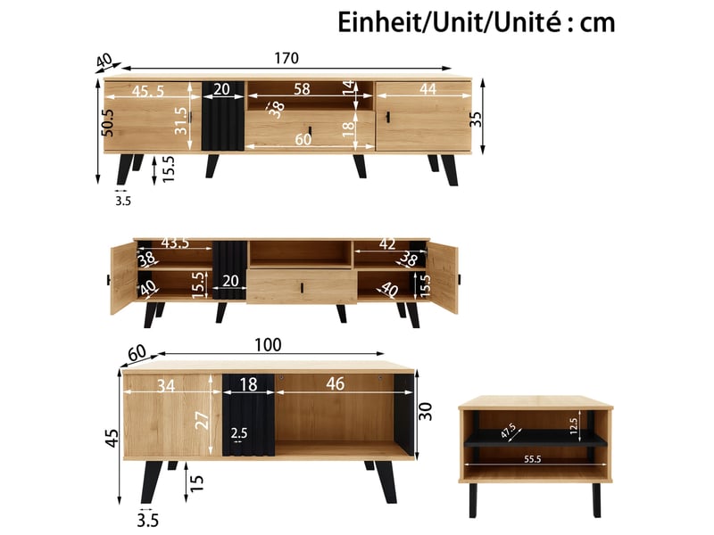  Ensemble salon 3 pièces, meuble tv 170 cm, table basse 100 cm, buffet 80 cm vitré led, panneaux de particules et verre, bois et noir  - Conforama C