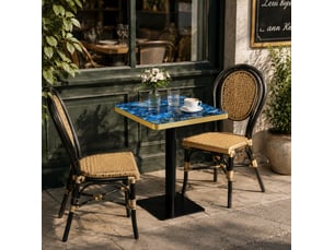 Table à manger carrée 60 x 60 cm en mdf effet marbre, métal bleu et doré