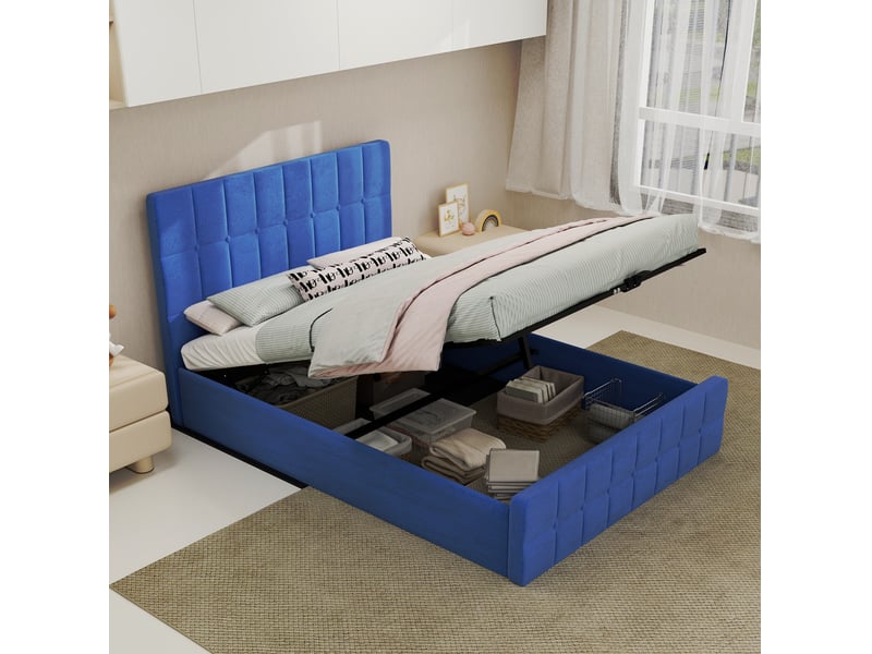  Lit coffre 140x200 cm avec tête de lit en velours bleu  - Conforama E