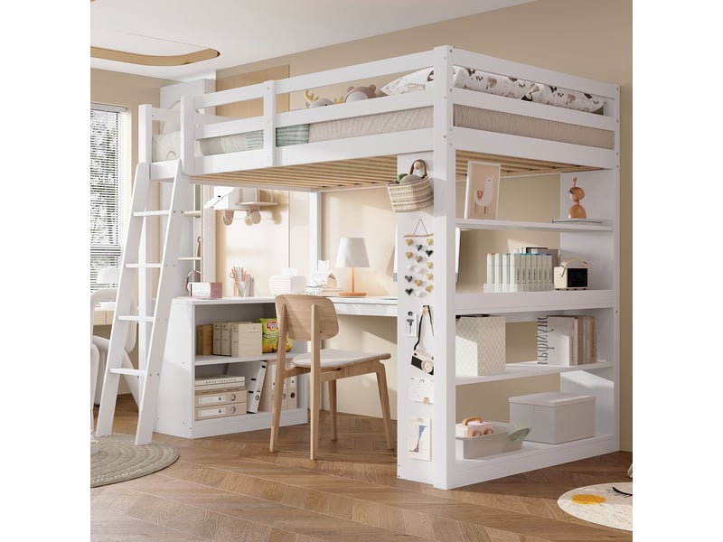  Lit mezzanine enfant 90 x 200 cm étagère d'appoint pratique garde-corps de sécurité échelle inclinée stable pin panneau de particules contreplaqué blanc  - Conforama B