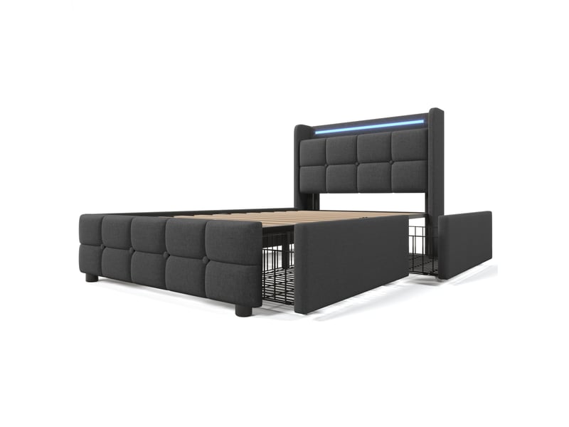  Lit 1 personne 90x200 cm avec matelas et 2 tiroirs, tête de lit avec usb et led, lit enfant avec sommier à lattes en bois, gris  - Conforama R