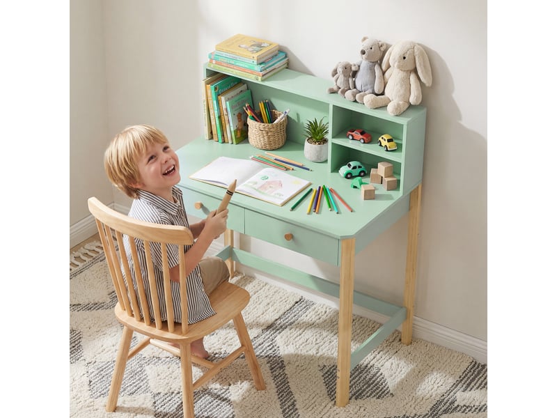  Bureau enfant vert avec 3 compartiments ouverts et 2 tiroirs 90 x 52 x 105 cm  - Conforama C