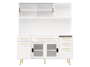 Buffet haut de cuisine avec led, panneau perforé et 2 tiroirs, blanc, 145x39x171 cm