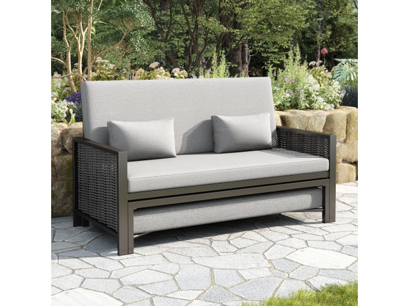 Fauteuil de jardin 2 places convertible en bain de soleil, dossier réglable 5 positions, gris - Conforama C