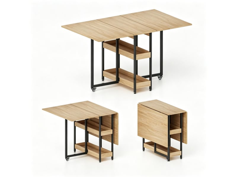  Table de repas pliante 133,4 x 80 cm – chêne – 2 abattants, niches ouvertes et roulettes freinées  - Conforama A