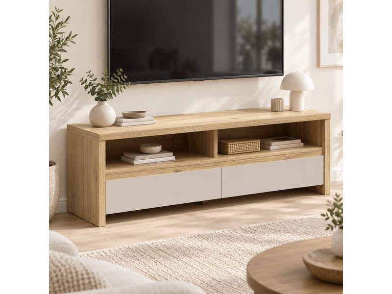  Meuble tv avec 2 tiroirs et 2 niches ouvertes coloris chêne mauvellacachemire - longueur 143,5 x profondeur 40,5 x hauteur 48,4 cm  - Conforama B