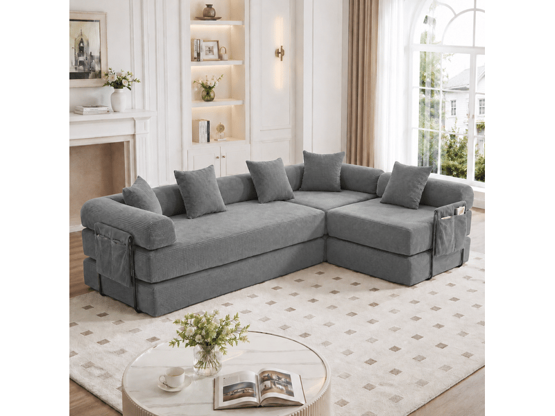  Canapé d'angle 4 places moderne 270x180x64 cm, stockage, poches, modulable à volonté, en velours côtelé, gris foncé  - Conforama B