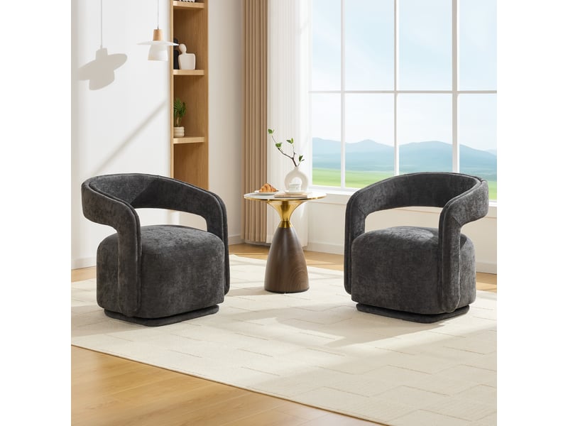 Fauteuil pivotant 360° au design arrondi, assise rembourrée ergonomique en chenille gris foncé, 70 × 65,5 × 74 cm - Conforama C