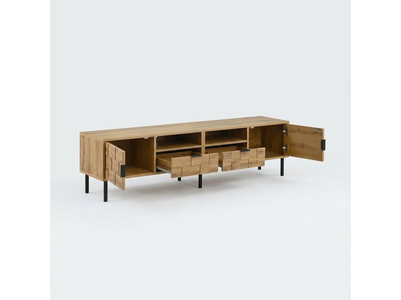  Meuble tv bois effet mosaïque 160 cm avec 2 portes, 2 tiroirs et pieds en métal  - Conforama C