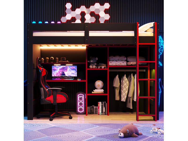  Lit mezzanine 90 × 200 cm 1 place avec bureau, armoire ouverte, led et usb, sans matelas, en mdf, noir et rouge  - Conforama C