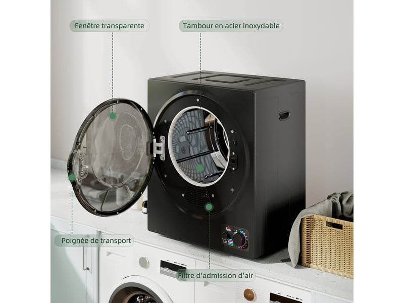  Sèche-linge électrique portable 850w, capacité 33l 4 modes de fonctionnement, acier inoxydable, noir, 49 x 40,5 x 60 cm  - Conforama E