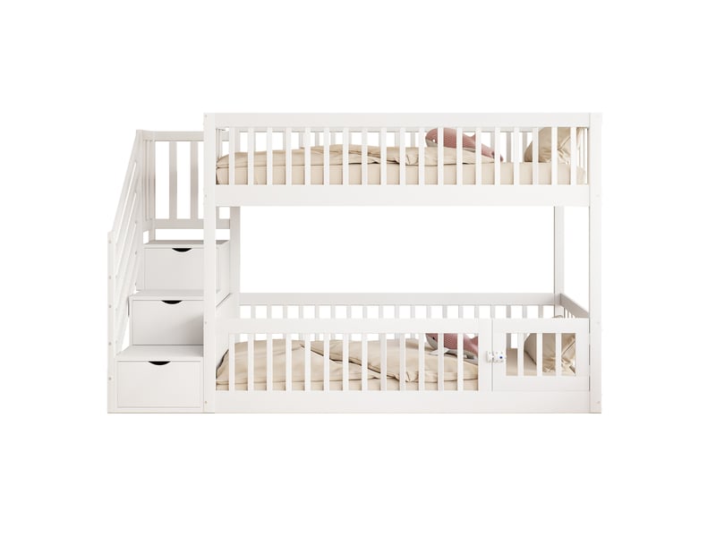 Lit superposé 90x200 cm avec barrières de sécurité, échelle avec tiroirs et 1 sommier, en bois, blanc, sans matelas - Conforama A