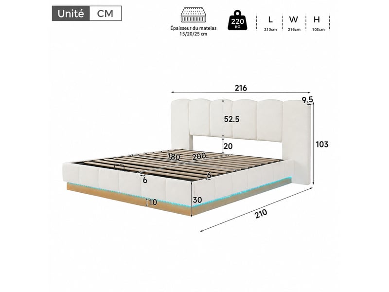  Lit rembourré 180 x 200 cm avec coffre hydraulique, éclairage led, tête de lit capitonnée et rangement, bouclé blanc  - Conforama C