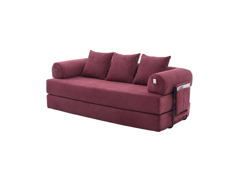  Canapé modulable 3 places modenvie en velours côtelé rouge lie-de-vin avec structure métallique, 3 coussins et poche de rangement  - Conforama A