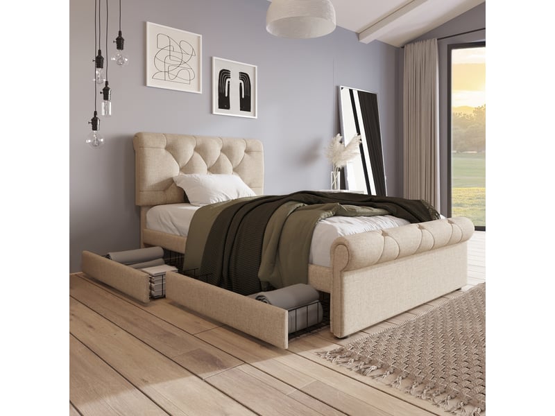 Lit une place 90 x 200 cm avec matelas, capitonné, 2 tiroirs, naturel - Conforama D