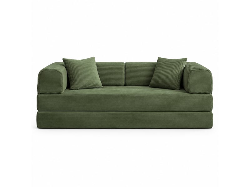  Canapé convertible 3 places modenvie canapé-lit en velours côtelé vert 204 x 97 x 65 cm avec 2 coussins et 2 matelas de 17 cm  - Conforama A