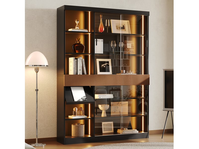  Vitrine 120x28,5x180 cm avec led, portes coulissantes en verre gris noir et marron  - Conforama D