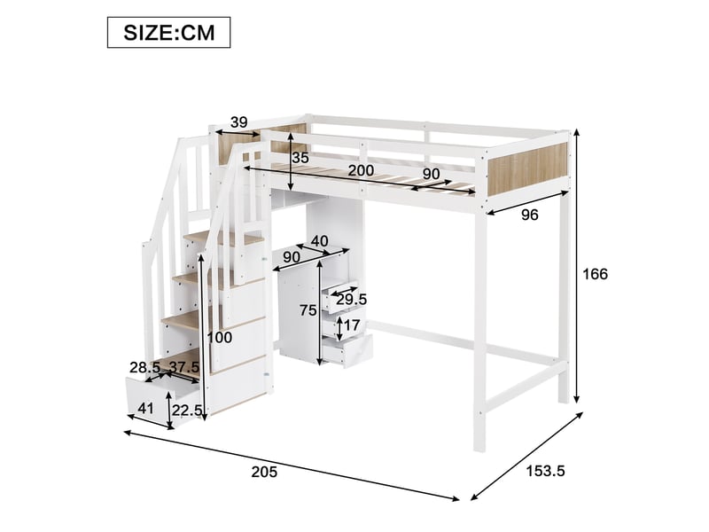 Lit mezzanine enfant 90 x 200 cm avec bureau, rangements, blanc et naturel - Conforama C