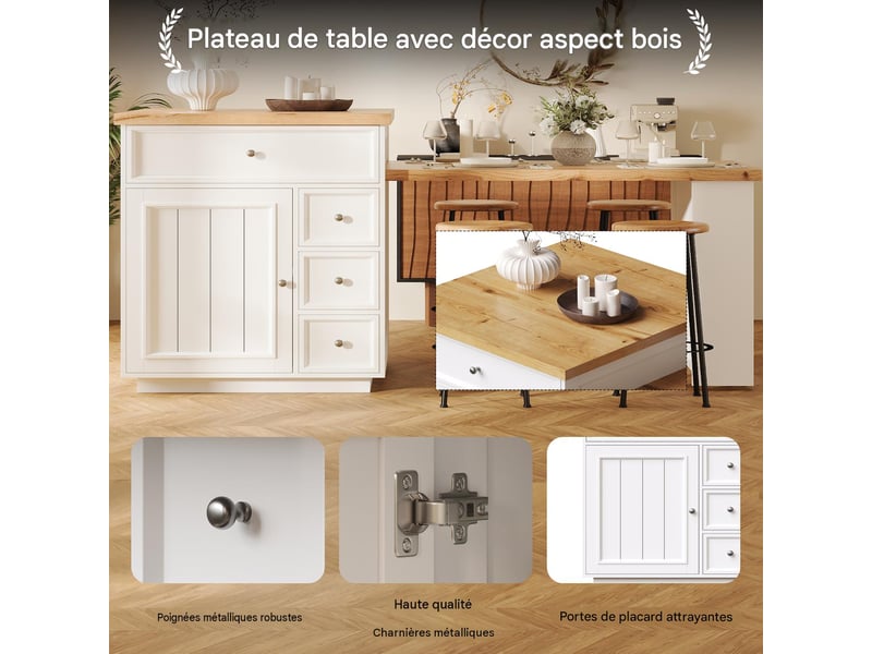  Îlot de cuisine extensible avec tiroirs mdf blanc 120-184x70x94 cm - pangivo  - Conforama E