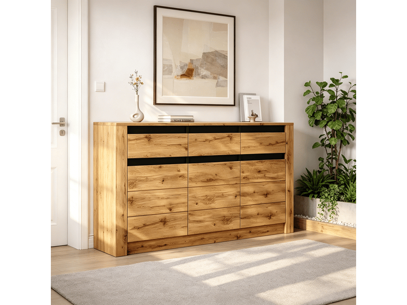  Buffet bois naturel commode 3 tiroirs meuble de rangement 140 cm - 3 portes  - Conforama D