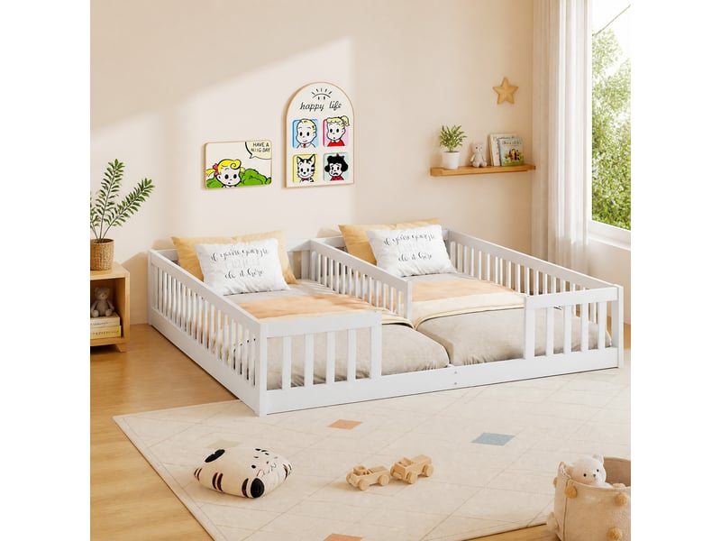  Lit bas enfant 2 places, 2 couchages 90×200 cm avec barrières - okmyhome- en pin et mdf, sans matelas  - Conforama B