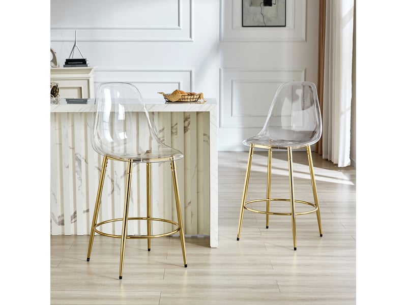  Lot de 2 tabourets de bar 66 cm avec dossier transparent et repose-pieds, meuble de cuisine, métal, or et transparent  - Conforama B