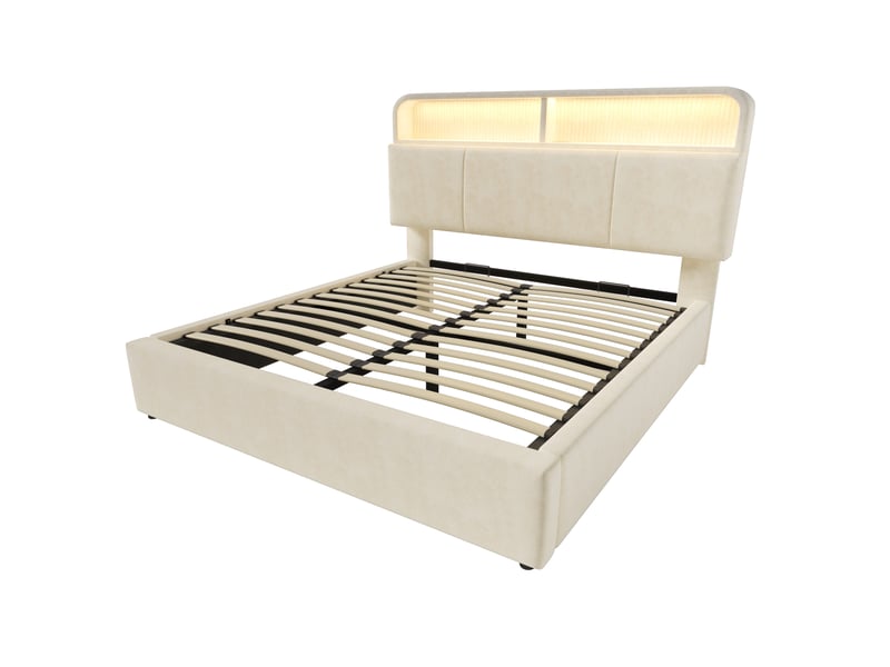 Lit coffre double 140 x 190 cm, coffre à relevage hydraulique, éclairage led, ports usb, tête de lit réglable, étagères de rangement, velours, beige ABC - Conforama A
