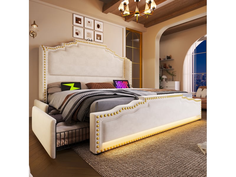  Modenvie lit double avec rangement 180x200 cm - 4 tiroirs, led et ports usb-c, sommier inclus - beige  - Conforama B