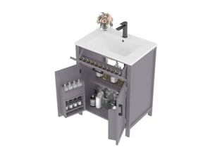 Meuble vasque sur pied gris, 60 x 46 x 84,8 cm, en mdf et céramique, avec étagères réglables et vasque intégrée