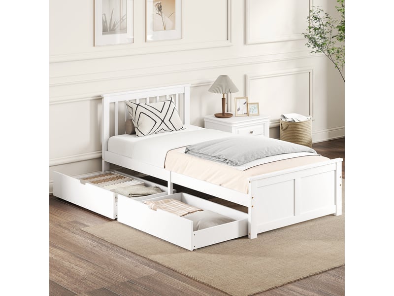  Cadre de lit simple 90x200 en bois blanc avec 2 tiroirs, lattes intégrées  - Conforama C