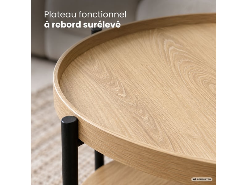  Table basse riva coloris bois naturel 51 cm ronde avec étagère pieds noirs style industriel 51x51x40 cm RIVA - Conforama D