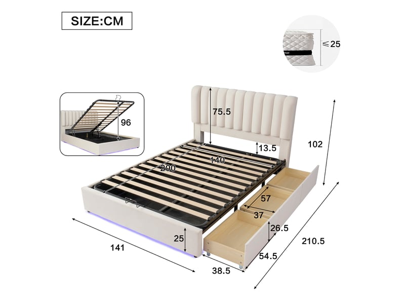  Lit enfant avec coffre, 140x200 cm, avec 3 tiroirs, led, grand espace de rangement, matelas non inclus, coloris beige  - Conforama C