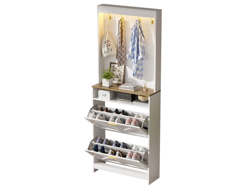  Meuble à chaussures led avec 2 abattants et crochets pour entrée, en panneaux de particules blanc, 70 × 24 × 180 cm  - Conforama A