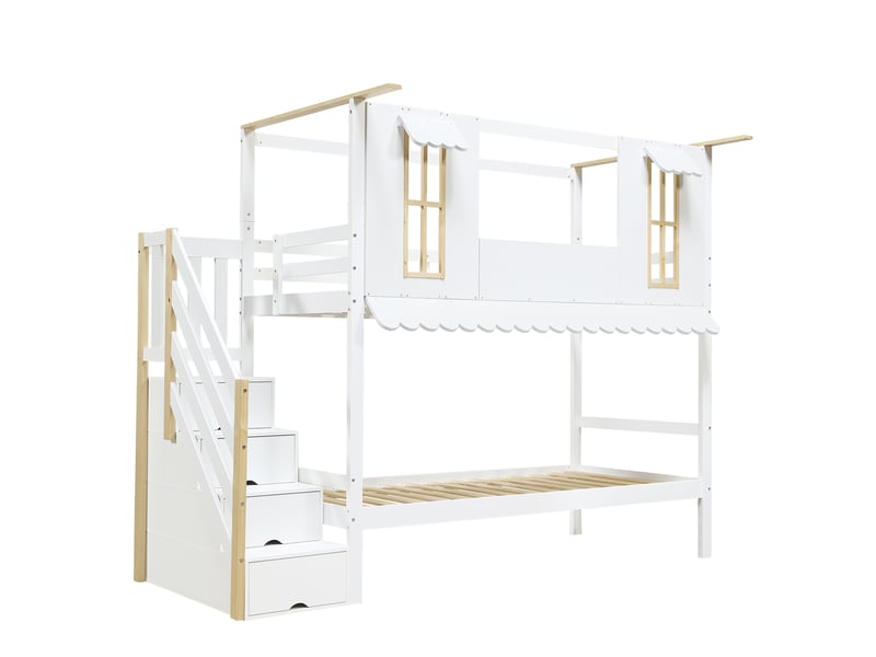  Lit superposé enfant 90x200 cm – blanc et naturel – escalier de rangement, fenêtres décoratives, sans matelas  - Conforama D