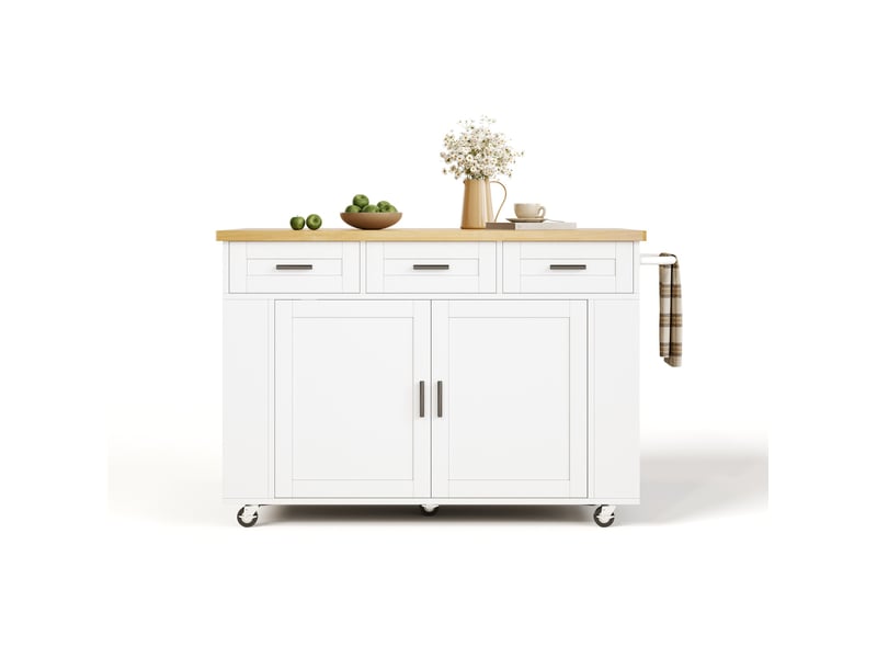  Îlot de cuisine mobile 120x70x84 cm avec plateau rabattable et rangements, blanc et naturel  - Conforama A