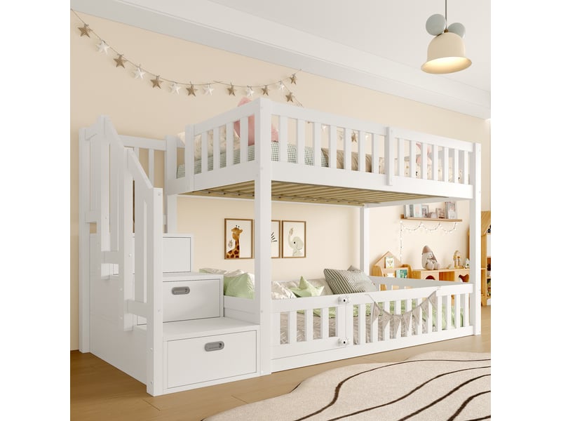  Lit superposé enfant 90x200, lit cabane bas avec escalier de rangement et barrière de sécurité, bois de pin massif et mdf style scandinave, blanc  - Conforama B