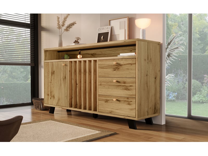  Buffet 120 cm effet chêne foncé, 2 portes, 3 tiroirs, niches ouvertes  - Conforama B