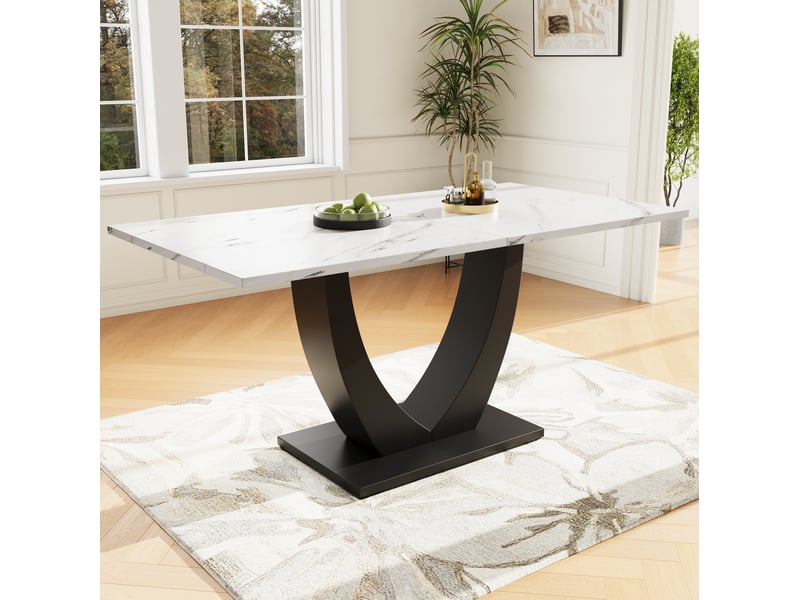  Table à manger 140x75x75,5cm, table rectangulaire, motif de marbre, pied réglable en métal, style design,mdf, blanc+noir  - Conforama B